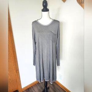Umgee Gray Long Sleeve A-Line Scoop Neck Raw Seam Relaxed Dress